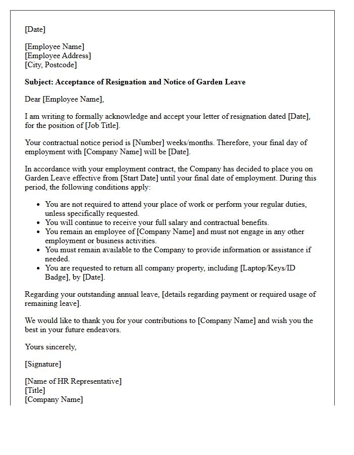 Standard HR Letter for Resignation Acceptance with Gardening Leave