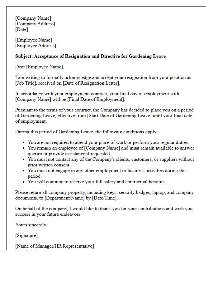 Employee Resignation Acceptance and Gardening Leave Directive Letter