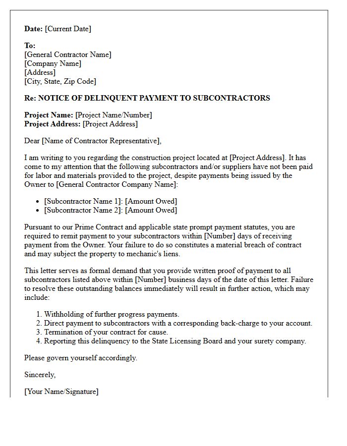 Demand Letter for Contractor Failure to Pay Subcontractors