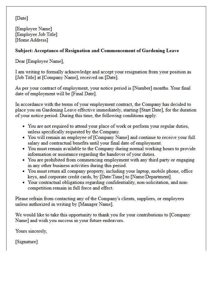 Senior Management Resignation Acceptance and Gardening Leave Letter