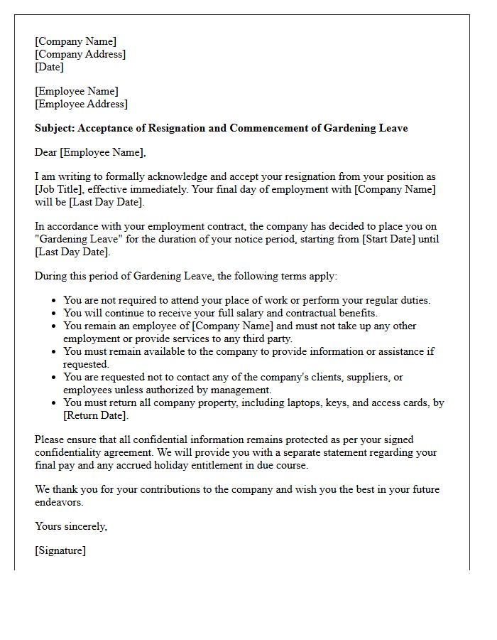 Immediate Resignation Acceptance with Gardening Leave Transition Letter