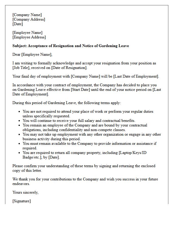 Post-Resignation Acceptance and Gardening Leave Terms Letter