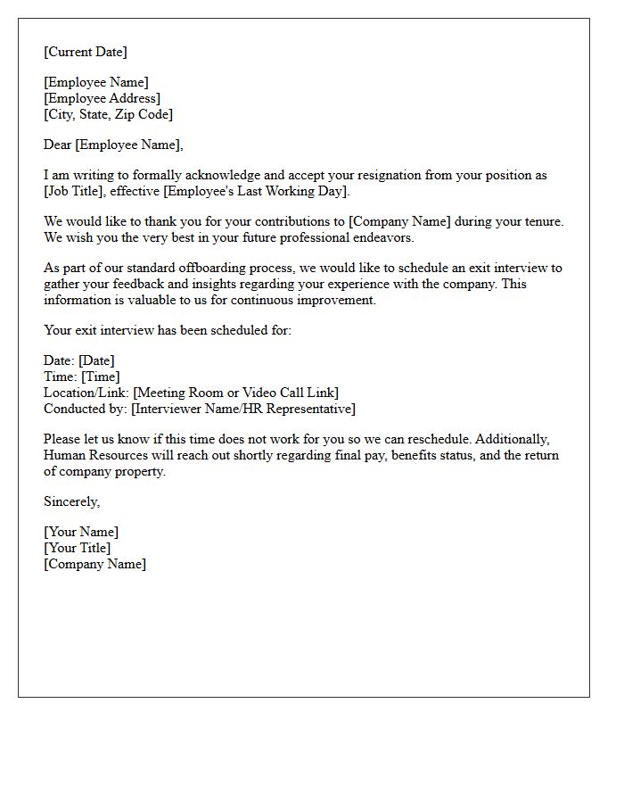 Standard Resignation Acceptance and Exit Interview Scheduling Letter