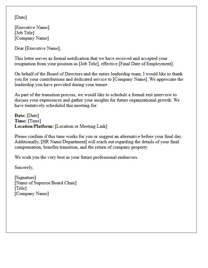 Executive Resignation Acceptance and Exit Interview Scheduling Letter