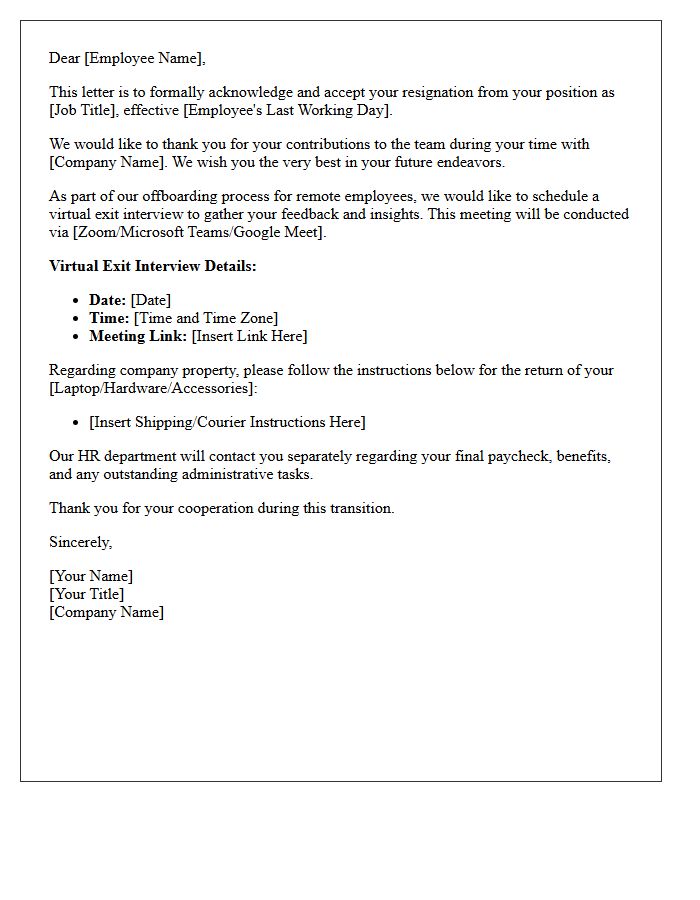 Remote Employee Resignation Acceptance and Virtual Exit Interview Scheduling Letter