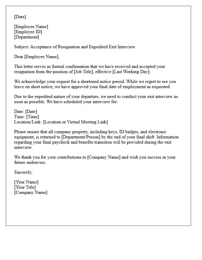 Short Notice Resignation Acceptance and Expedited Exit Interview Scheduling Letter