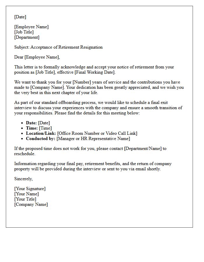 Retirement Resignation Acceptance and Final Exit Interview Scheduling Letter