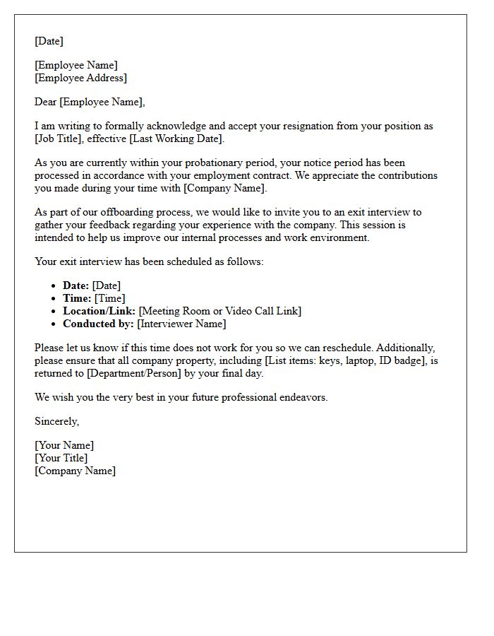 Probationary Period Resignation Acceptance and Exit Interview Scheduling Letter