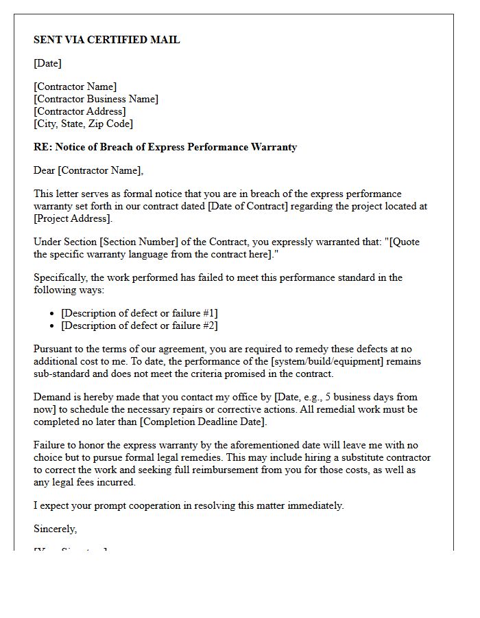 Demand Letter for Contractor Breach of Express Performance Warranty