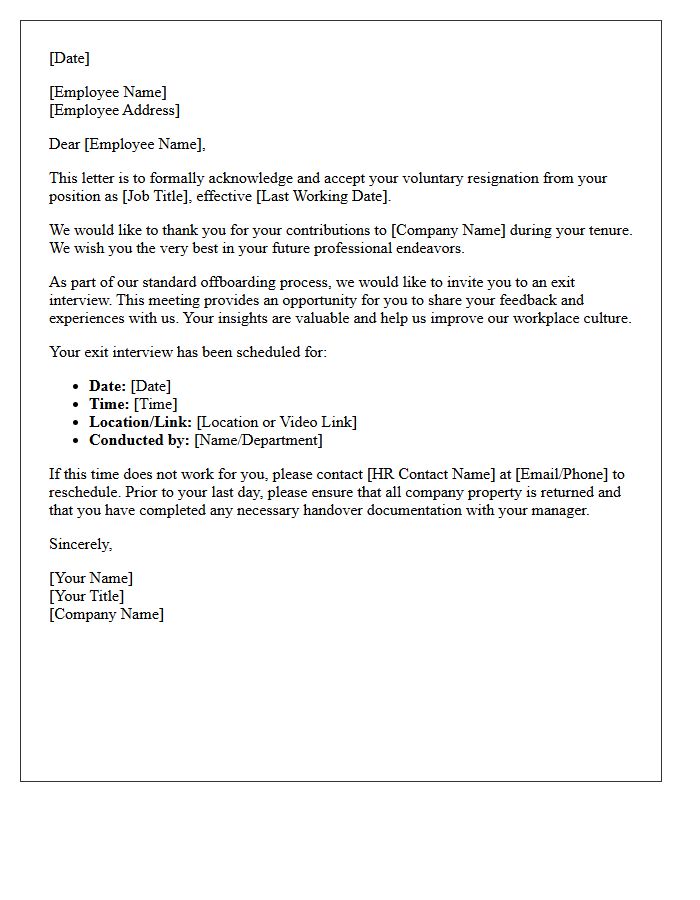 Voluntary Resignation Acceptance and Exit Interview Scheduling Letter