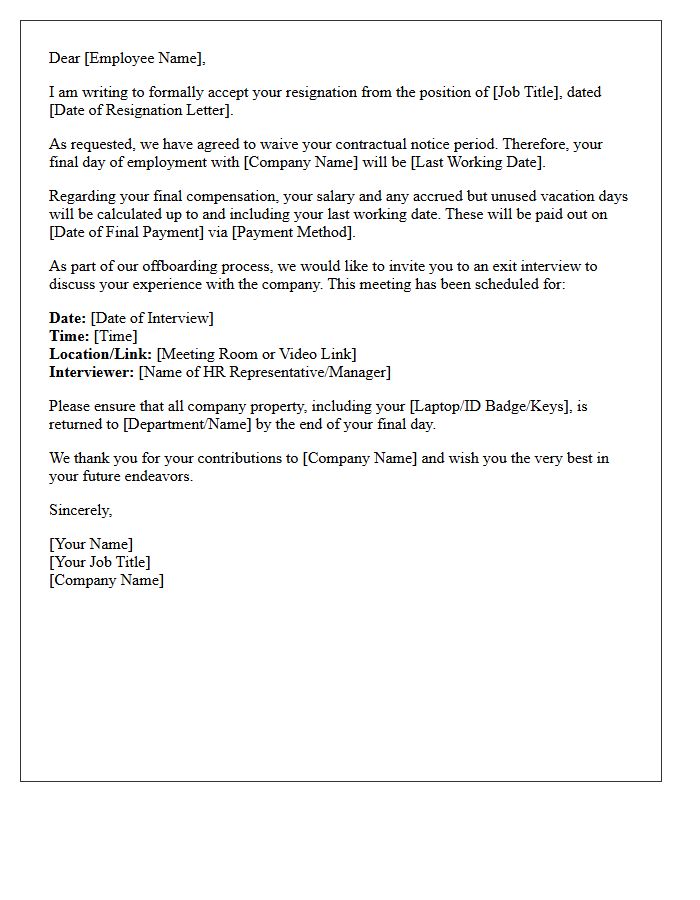 Waived Notice Period Resignation Acceptance and Exit Interview Scheduling Letter