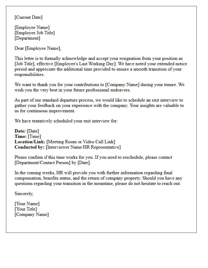 Extended Notice Resignation Acceptance and Exit Interview Scheduling Letter