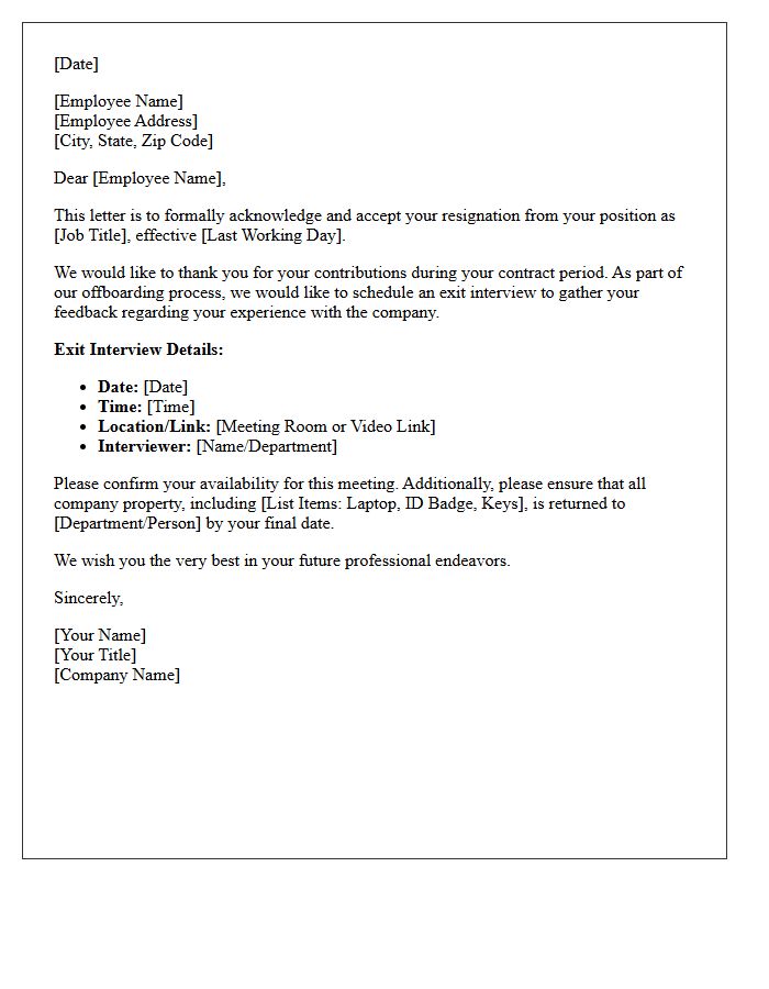 Contract Employee Resignation Acceptance and Exit Interview Scheduling Letter