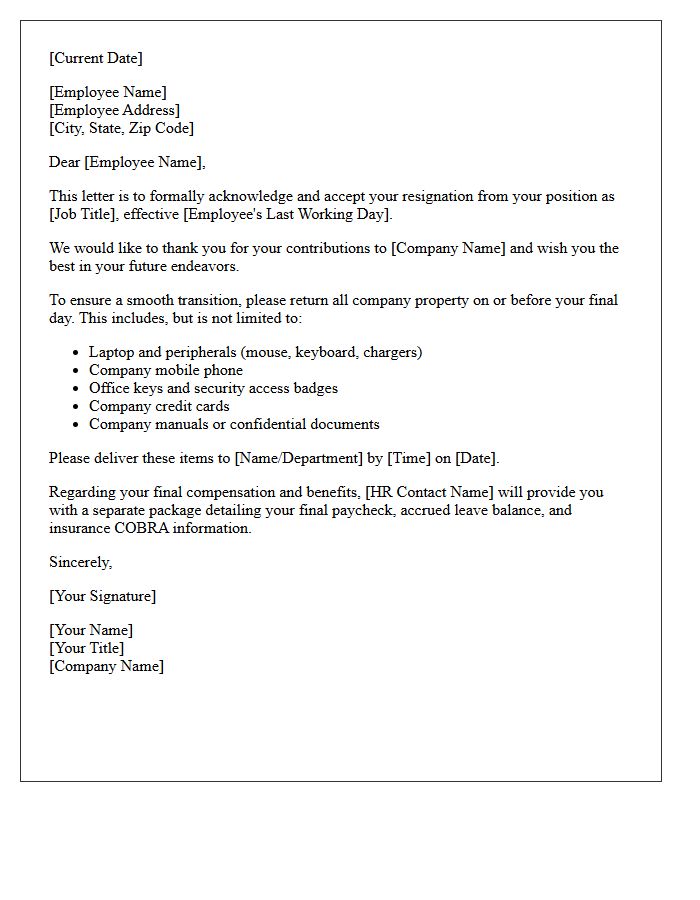Standard Resignation Acceptance Letter with Property Return Instructions