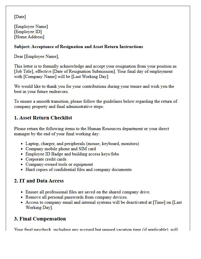 Human Resources Resignation Acceptance Letter and Asset Return Guide