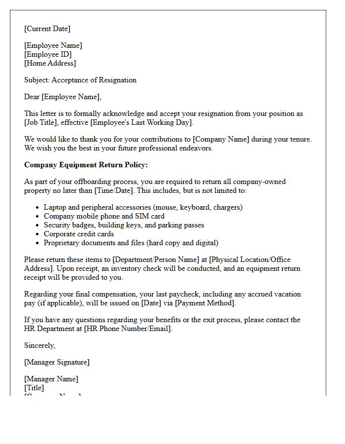 Official Resignation Acceptance Letter with Company Equipment Return Policy