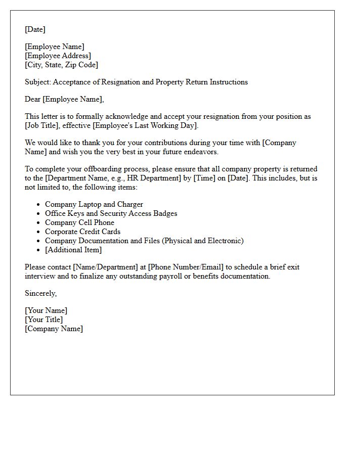 Employee Resignation Acceptance Letter and Property Surrender Instructions