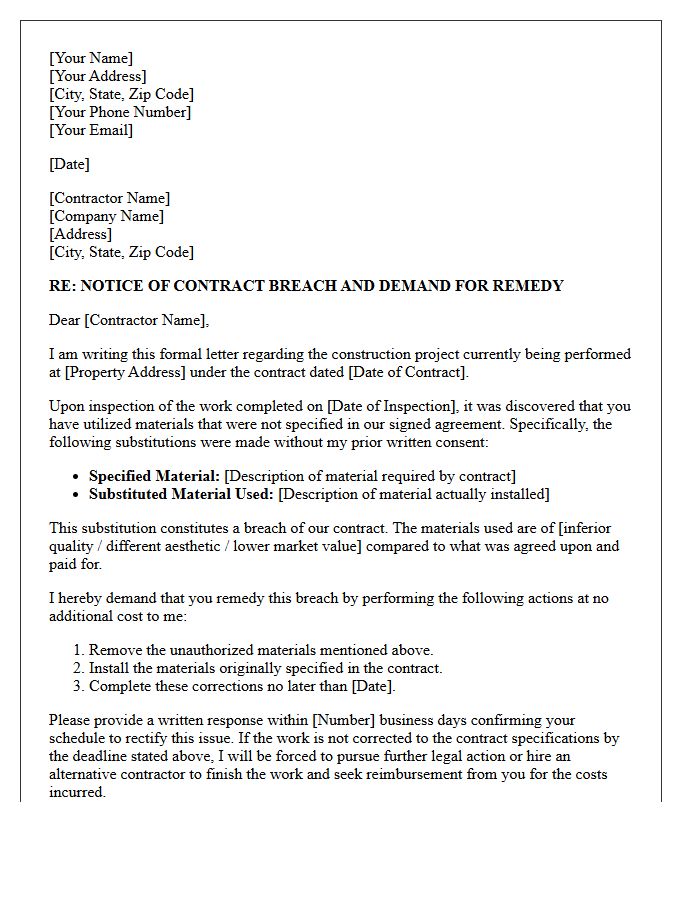 Demand Letter for Contractor Unauthorized Substitution of Materials