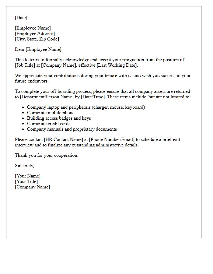 Formal Resignation Acceptance Letter Specifying Company Asset Return