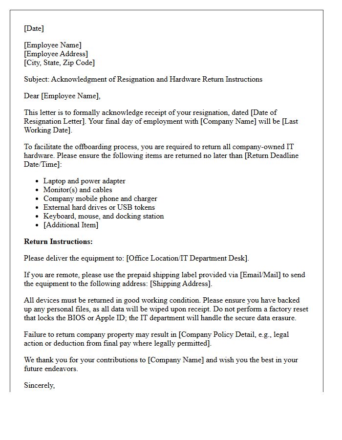 Resignation Acknowledgment Letter with IT Hardware Return Directives