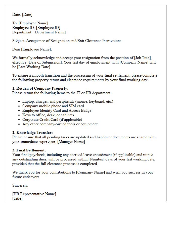 HR Resignation Acceptance Letter and Final Clearance Property Instructions