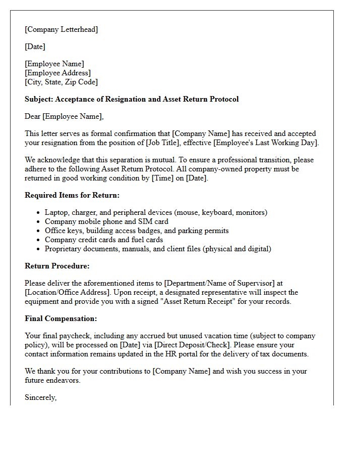 Mutual Resignation Acceptance Letter Featuring Asset Return Protocol