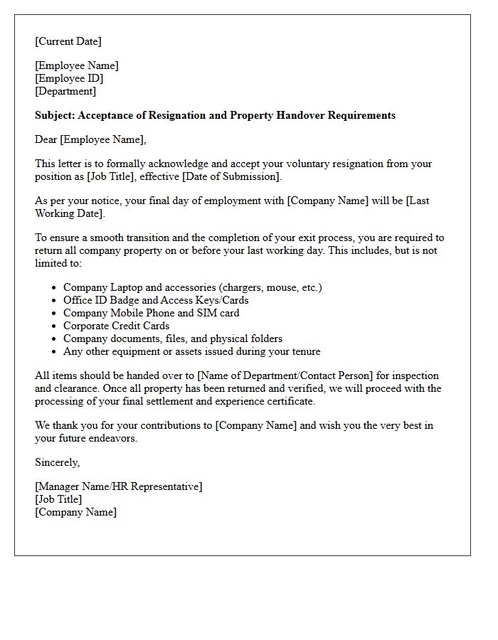 Voluntary Resignation Acceptance Letter and Property Handover Requirements