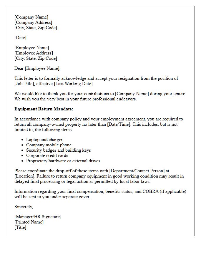 Corporate Resignation Acceptance Letter with Equipment Return Mandate