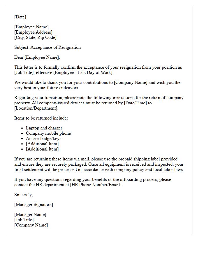 Final Resignation Acceptance Letter with Device Return Instructions