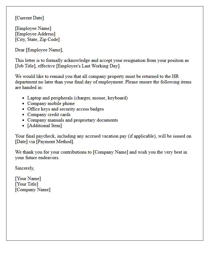 Standard HR Resignation Acceptance Letter for Company Property Return