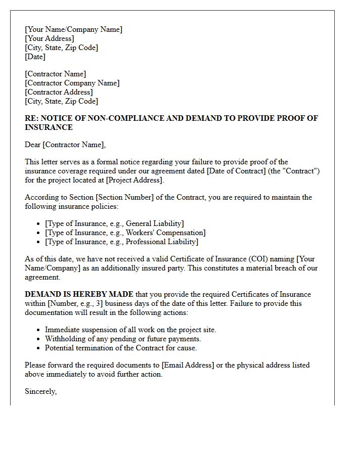 Demand Letter for Contractor Failure to Procure Required Insurance