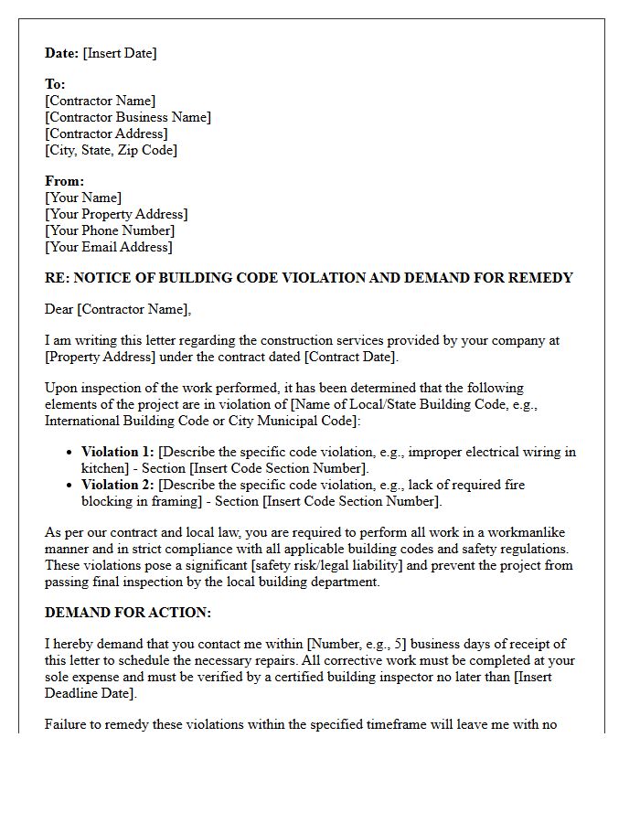 Demand Letter for Contractor Violation of Local Building Codes