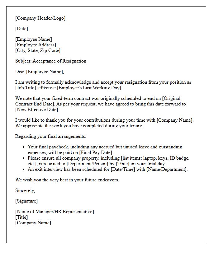 Standard Fixed-Term Contract Resignation Acceptance Letter