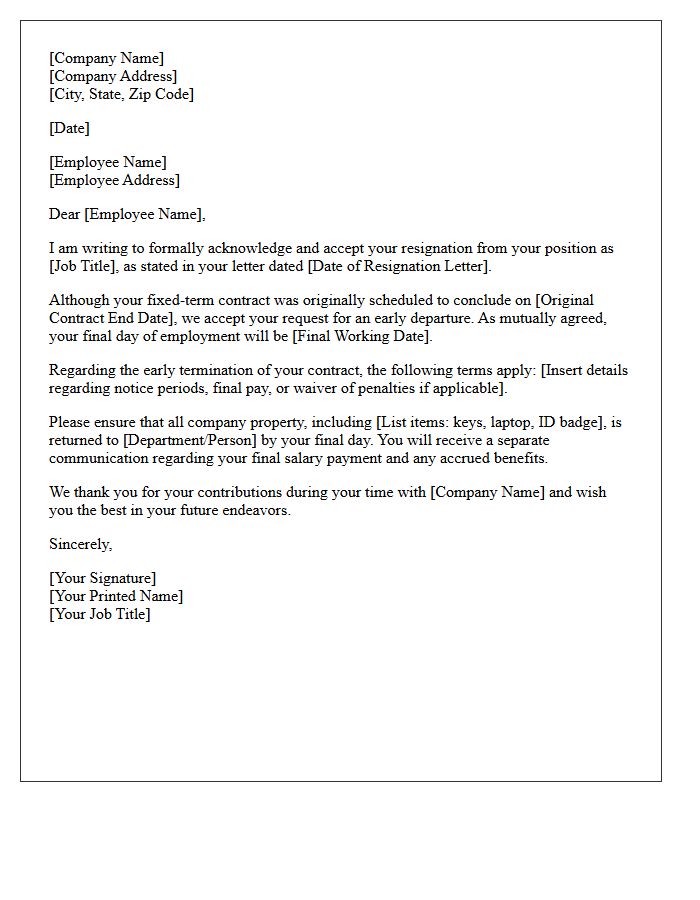 Early Departure Fixed-Term Contract Resignation Acceptance Letter