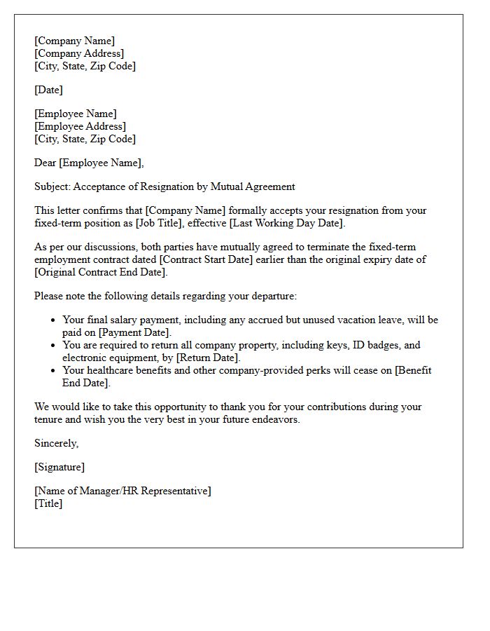 Mutual Agreement Fixed-Term Contract Resignation Acceptance Letter