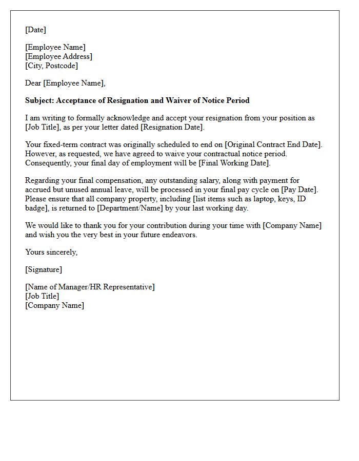 Notice Period Waiver Fixed-Term Contract Resignation Acceptance Letter