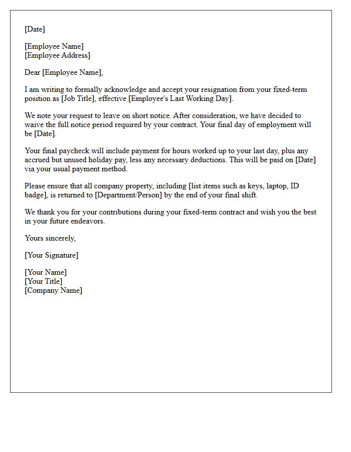 Short Notice Fixed-Term Contract Resignation Acceptance Letter