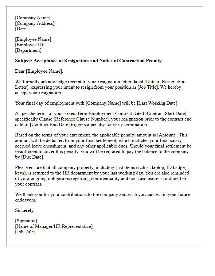 Penalty Applicable Fixed-Term Contract Resignation Acceptance Letter