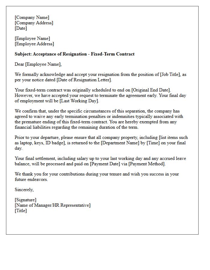 Penalty Exempt Fixed-Term Contract Resignation Acceptance Letter