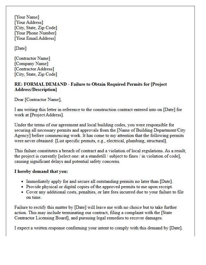 Demand Letter for Contractor Failure to Secure Necessary Permits