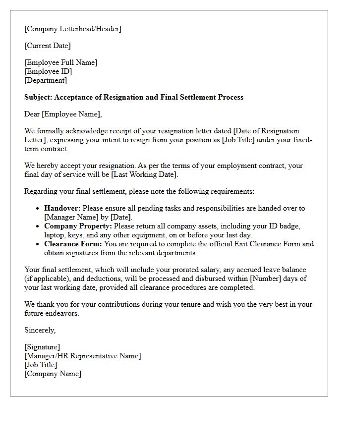 Final Settlement Fixed-Term Contract Resignation Acceptance Letter