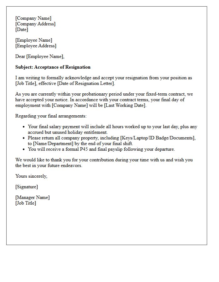 Probationary Period Fixed-Term Contract Resignation Acceptance Letter