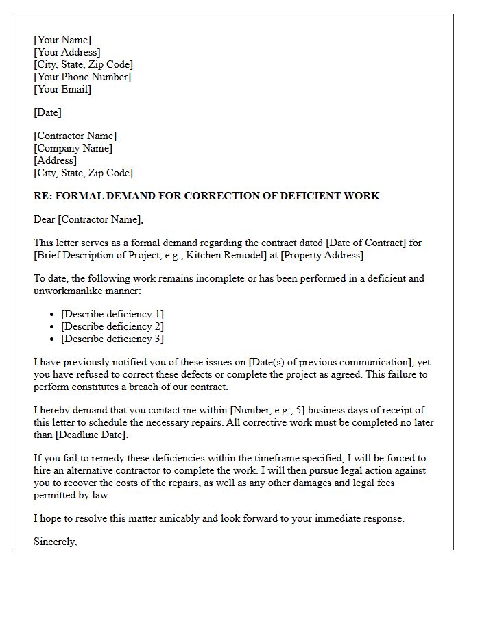 Demand Letter for Contractor Refusal to Correct Deficient Performance