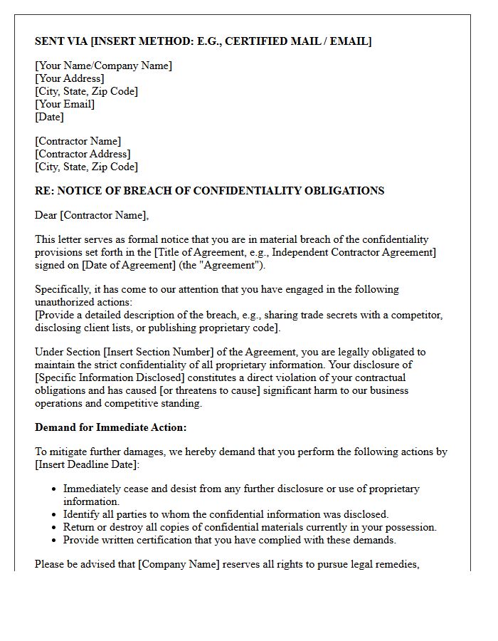 Demand Letter for Contractor Breach of Confidentiality Obligations