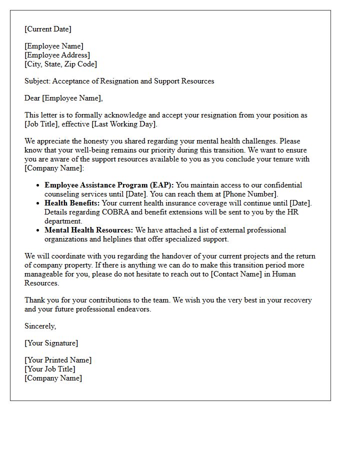 Mental Health Support and Resignation Acceptance Letter
