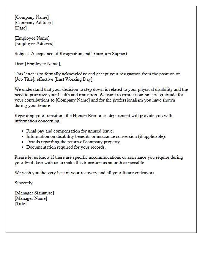 Physical Disability Transition and Resignation Acceptance Letter