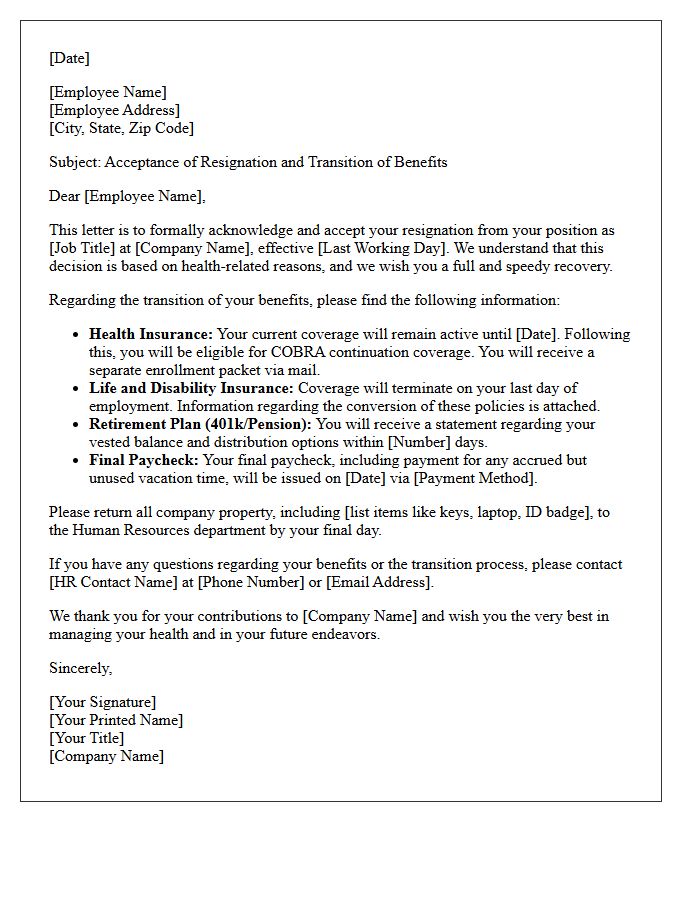 Health-Related Resignation Acceptance Letter with Benefits Transition