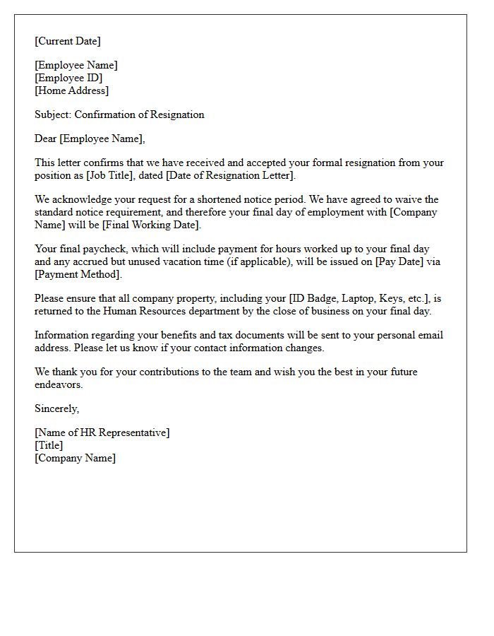 Human Resources Letter Confirming Short Notice Resignation
