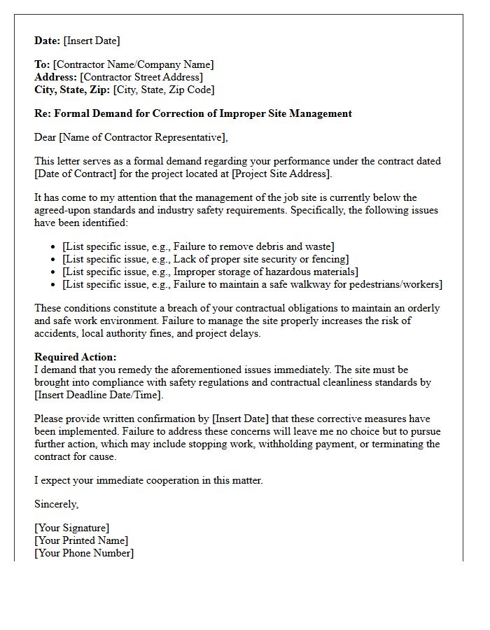 Demand Letter for Contractor Improper Site Management Performance