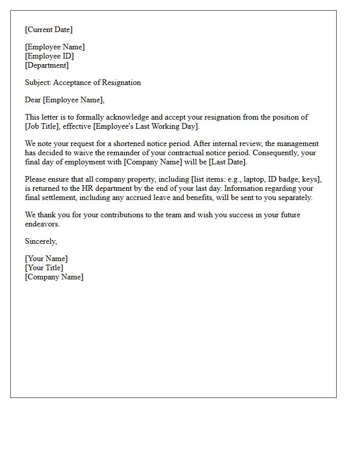 HR Letter Accepting Resignation with Short Notice